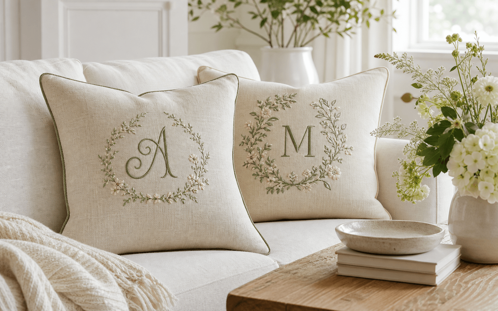 Personalized embroidered linen pillows in a refined home setting